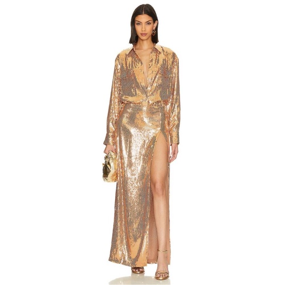 RETROFETE Savannah Sequin Embellished Maxi Skirt Gold Lined Slit Zip L NEW - Picture 4 of 9